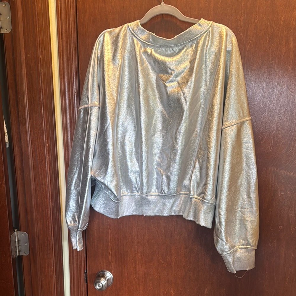 Free People Shiny Silver Oversized Pullover - Picture 5 of 8